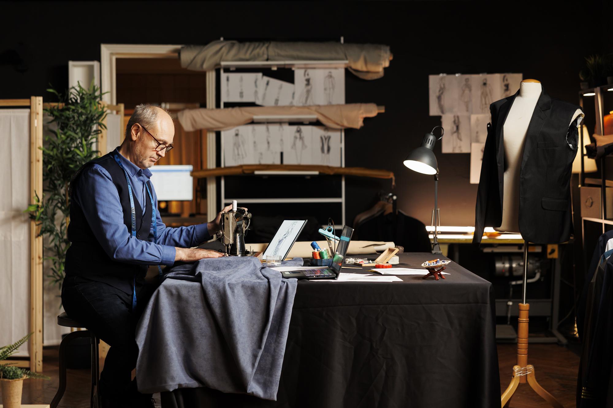 Interno atelier con dettagli di tessuti e luci